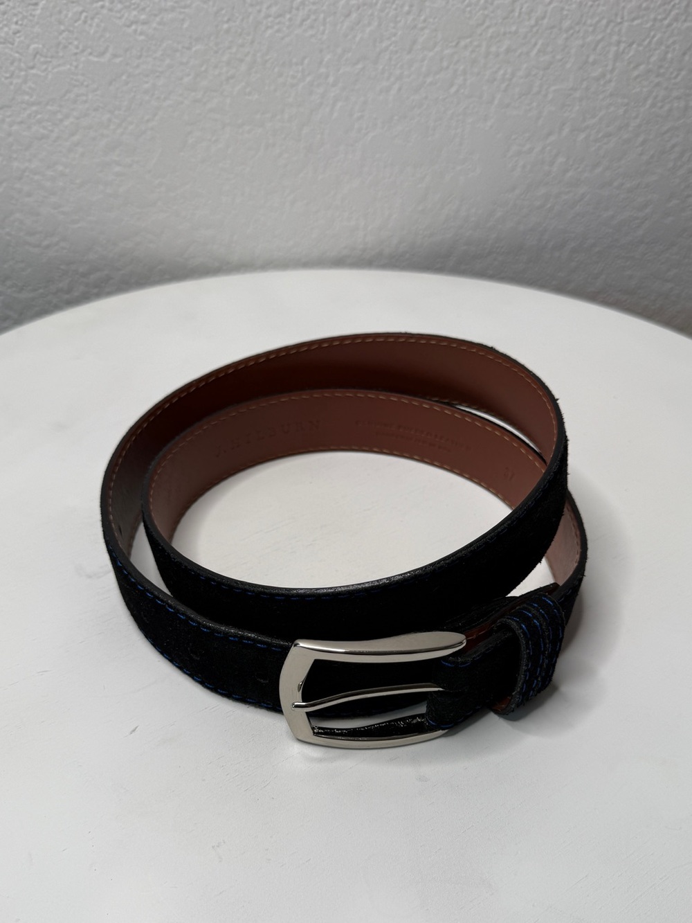J. Hilburn Black Suede Belt Blue Stitching Genuine Leather Size 37